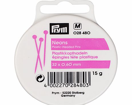 Prym Neon Plastic Head Pins, 0.60 x 32mm, 15g Tub