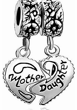 Pugster Silver Plated Heart Mother Daughter Bead Charms For Pandora/Troll/Chamilia Style Charm Bracelet