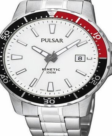 Pulsar Gents/Mens Pulsar Kinetic Stainless Steel Watch on Bracelet, 100M Water Resistant, White Dial with Date. PAR159X1