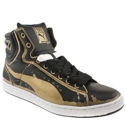 Male First Round Sketch Leather Upper Fashion Trainers in Black and Gold