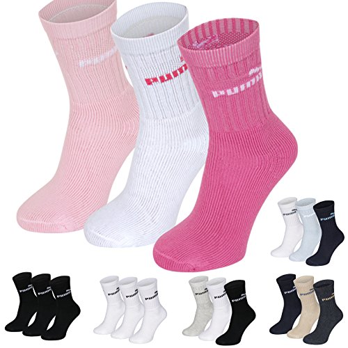 Puma Sports Socks Kids Crew 3P Pack Junior Three Pair Packs Of Plain/Mix Pink Lady UK Size 2.5-5