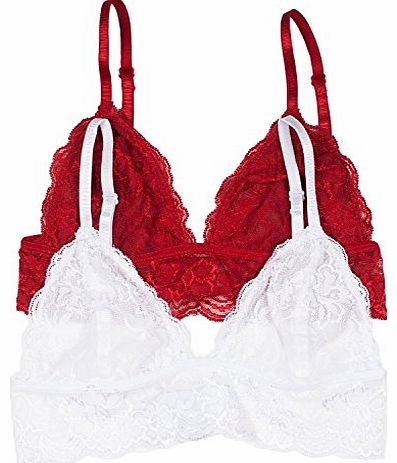 2 PACK: Floral Lace Lined Triangle Bra Bralette Top Bustier (M/L, Red+White)