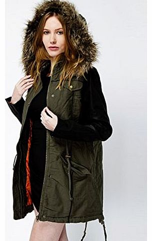 Faux Leather Sleeves Hooded Drawstring Parka Coat-16