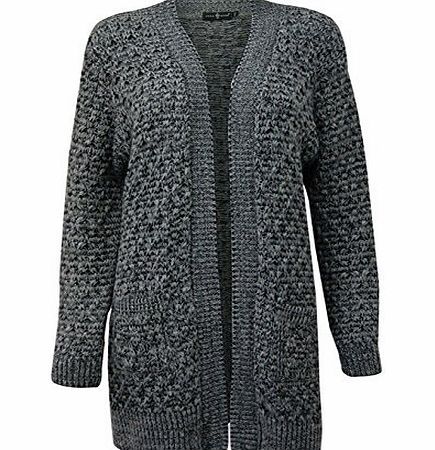 PURA MODA New Women Ladies Cable Knitted Crochet With Pocket Front Open Boyfriend Cardigan (M/L, GREY)