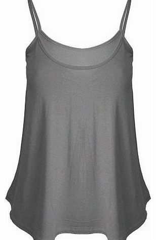 New Womens Ladies Basic Plain Camisole Thin Strap Stretchy Flared Swing Vest Top