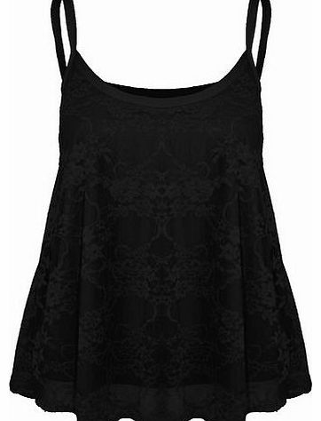 Womens Ladies Full Floral Lace Mesh Camisole Strappy Cami Flared Swing Vest Top