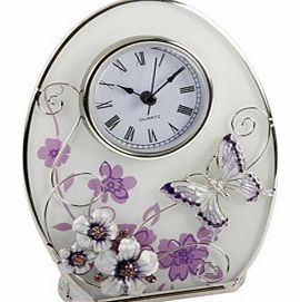 Purple Butterfly and Flowers Glass Oval Clock