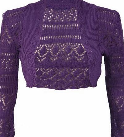 Purple Hanger New Ladies Long Sleeve Crochet Bolero Shrug Top Womens Plain Cropped Knitted Open Cardigan Tops Purple Size 8 10
