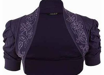 New Ladies Plus Size Ruched Short Sleeve Bead Stretch Bolero Womens Shrug Crop Cardigan Top Purple Size 16 - 18
