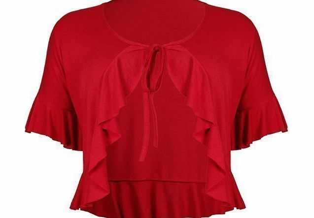 Purple Hanger New Ladies Plus Size Tie Frill Ruffle Shrug Tops Womens Bolero Cropped Stretch Cardigan Top Red Size 16