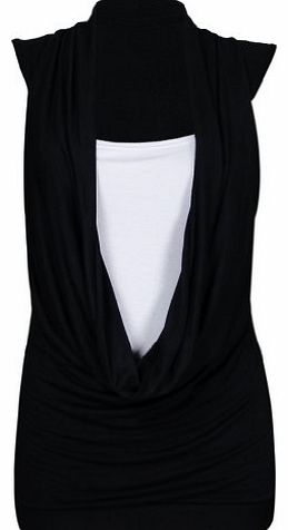 New Womens Cowl Gathered Neckline Contrast Insert Ladies Sleeveless Stretch Long Vest T-Shirt Top Black Size 16 - 18