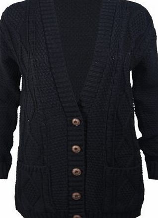 New Womens Everyday Long Sleeve Button Top Ladies Chunky Aran Cable Knit Grandad Cardigan Black Size 12 14