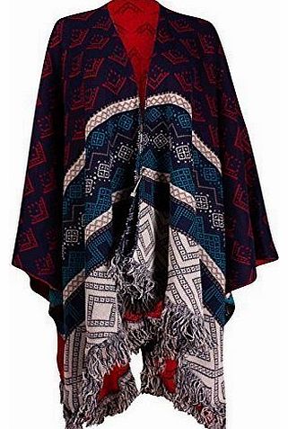 Womens Aztec Printed Ladies Fringe Tassel Kimono Wrap Shawl Knitted Poncho Cape Open Cardigan Navy Blue One Size