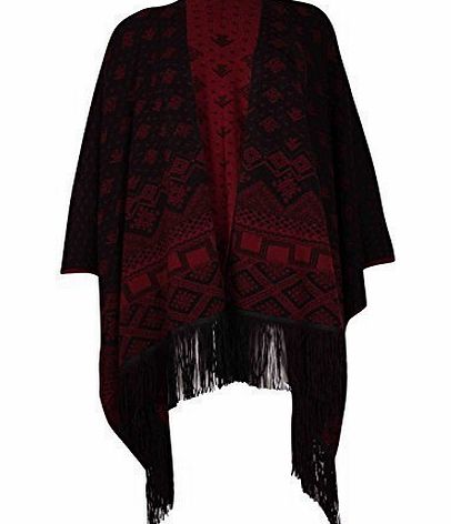 Womens Aztec Printed Ladies Tassel Fringe Knitted Waterfall Shawl Poncho Open Cardigan Top Plus Size Burgundy One Size