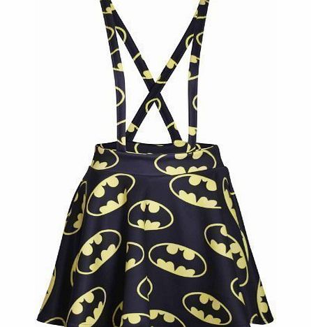 Womens Batman Logo Comic Print Ladies Cross Back Straps Pinafore Mini Short Flared Skater Skirt Dungarees Black amp; Yellow Size 12 - 14