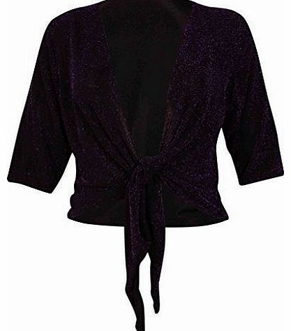 Womens Batwing Short Sleeve Ladies Stretch Sparkle Glitter Front Tie Bolero Shrug Cardigan Top Plus Size Purple 16-18