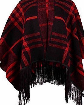 Purple Hanger Womens Check Print Ladies Knitted Poncho Cape Open Cardigan Tassel Shawl Top Plus Size Red One Size