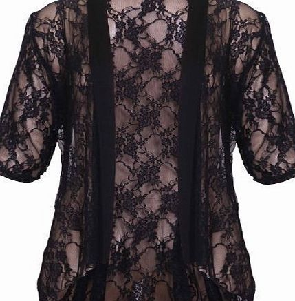 Purple Hanger Womens Floral Lace Short Turn Up Cuff Sleeve Ladies Waterfall Front Open Cardigan Top Plus Size Black Size 20