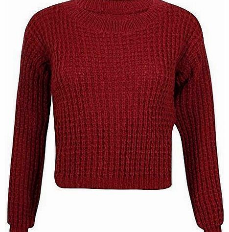 Purple Hanger Womens Long Sleeve Ladies Round Crew Neck Chunky Knitted Cropped Jumper Pullover Sweater Plain Top Burgundy 12-14