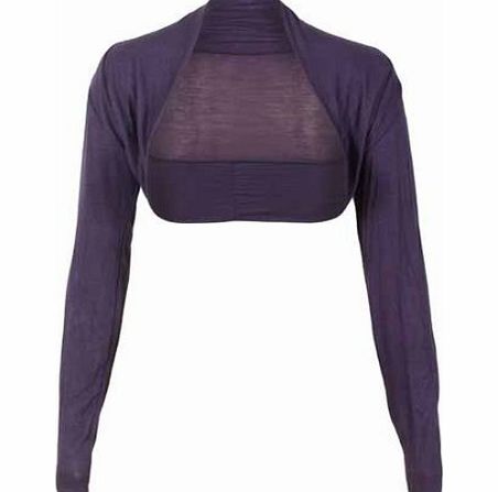 Womens Plain Long Sleeve Ladies Front Open Stretch Bolero Cardigan Cropped Knitted Shrug Top Purple 10-12