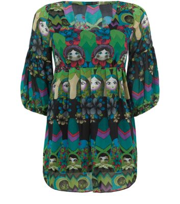 Green Floral Doll Print Blouse 3195612