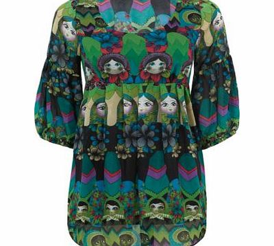 Green Floral Doll Print Blouse 3195613