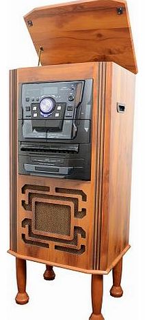 PYLE  PTCWTRS80 Floor Standing Retro Vintage Turntable Entertainment Center with CD, AM/FM Radio,iPod Aux Input Double Cassette Deck