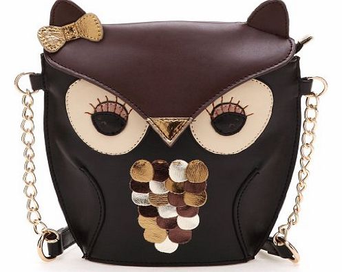 Qiyun Yazilind Black Brown Lovely Owl Pu Leather Chain Shoulder Handbag Tote Bag For Girls Women