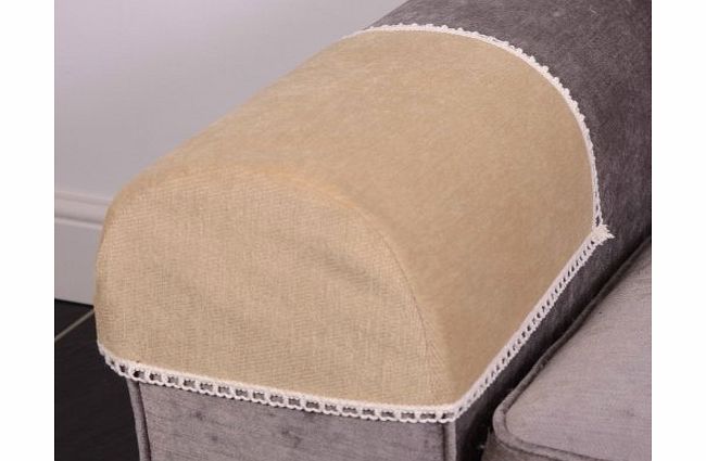 QPC Direct Pair of Luxury NATURAL CHENILLE Chair Arm Cover/Protector with lace trim, arm cap