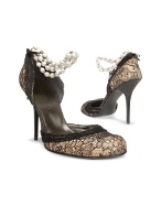 Pearl Anklet Lace-Trim Leather d`rsay Evening Shoes