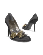 Quai Dand#39;Orsay Swarovski Crystal and Feather Bow Black Satin Evening Pump Shoes
