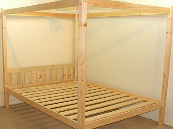 Four Poster Bed - 4ft small double solid natural pine 4 poster bed frame - Extra wide base slats with centre rail