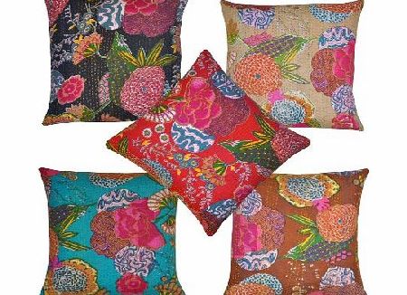 Rajasthali Indian Home Decor Thread Embroidery Work Block Printed Kantha Cushion Cover, 41 X 41 Cm, lot of 5 pcs