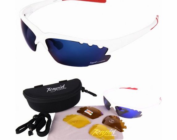 Rapid Eyewear Breeze Lightweight TR90 WHITE SPORTS SUNGLASSES Interchangeable Vented Blue Mirror, POLARISED amp; LOW LIGHT Lenses for Cricket, Tennis, Sailing, Rowing. UVA / UVB Protection. For Men amp; Women