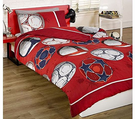 Childrens Boys Red Football Soccer Duvet Cover Quilt Bedding Set, Red, Single (Red, Blue, White)