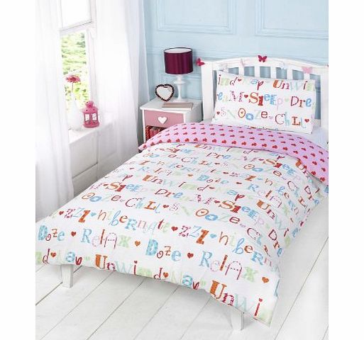 Childrens Girls Chill Out White Pink Hearts Single Duvet Cover Quilt Bedding Set, White, Single (135x200cm)