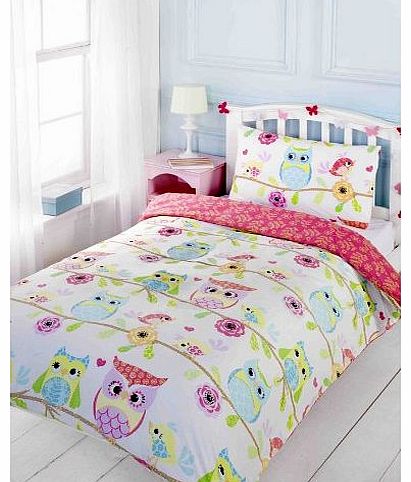 Childrens Girls Owl & Friends (Birds & Flowers) Duvet Cover Quilt Bedding Set, Blue, Pink, Green, Yellow, White, Single