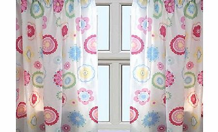 Mollie Pink Green Girls Floral Flowers Bright 72`` Lined Curtains