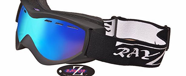 Rayzor 2014 Rayzor Professional UV400 Double Lensed Ski / SnowBoard Goggles, With a Matt Black Frame and an Anti Fog Coated, Vented Blue Iridium Mirrored Anti-Glare Wide Vision Clarity Lens.