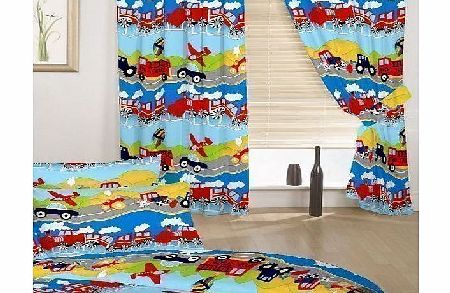 Ready Steady Bed Childrens Colorful Transport Print Set of Curtains with Tiebacks. Colour: Bright Multi-colour Transport Multi Vehicle Design. Size: 66`` x 54``