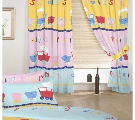Ready Steady Bed Childrens Train Print Set of Curtains with Tiebacks. Colour: Pink, Blue, Yellow with Colourful Train Design. Size: 66`` x 54``