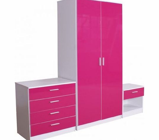 Real Madrid F.C. 3 Piece Bedroom Set Pink High Gloss White Frame Double Wardrobe, Bedside Cabinet, Chest of Drawers