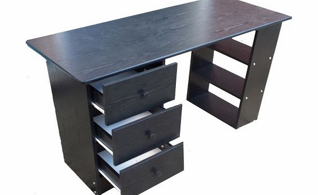 Redstone Computer Desk - Black or Beech or Walnut - 3 Drawers + 3 Shelves - Home Office Table Workstation (Black)
