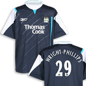 Reebok Juniors Man City FC Away Shirt 05/06 - Blue/White/Lazer - with Wright Phillips 29 Printing.