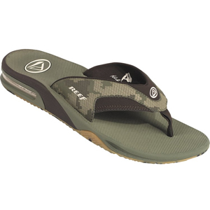 Mens Reef Fanning Camo Flip Flops. Green Brown