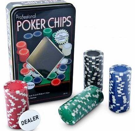 Poker Chips Game without Value Mark with Dice Symbols 100 Pcs. Including Dealer Button in Metal Box