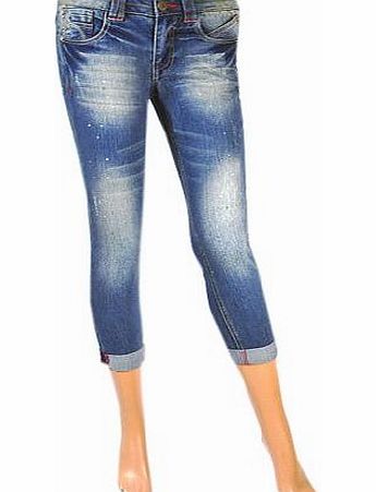 Relaxed New Ladies 3/4 Length Faded Skinny Jeans Fashion Designer Trousers Womens Size (8)