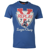 Replay Blue T-Shirt with Red and White Printed