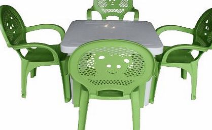 Resol Childrens Kids Garden Outdoor Plastic Chairs amp; Table Set - Green Chairs, White Table - Childs Furniture (Pack of 4 Chairs amp; 1 Table)