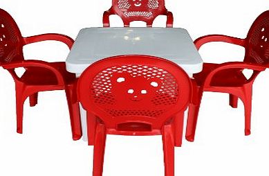 Resol Childrens Kids Garden Outdoor Plastic Chairs amp; Table Set - Red Chairs, White Table - Childs Furniture (Pack of 4 Chairs amp; 1 Table)